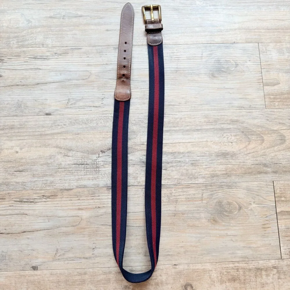 L.L.Bean Stretch Web Belt Size 40 Brown Leather Navy Red Stripe Brass Buckle